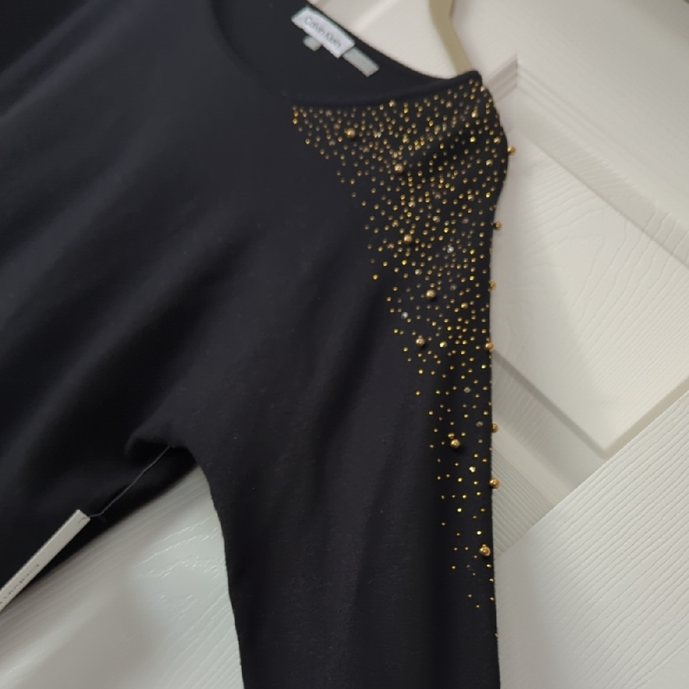 NWT Calvin Klein Black Long Sleeve Sweater with Gold Embellishments Size S